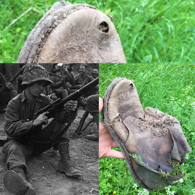 Найденный ботинок второй мировой войны с отверстием возможно от пули.