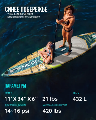 Надувная SUP-доска HICOO Blue Coast 11' 335x86x15 см, полный комплект PRO