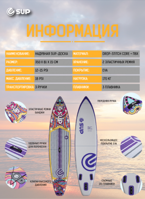 Надувная двухслойная SUP-доска E-SUP MOJITO A 11'6" 350-81-15 см