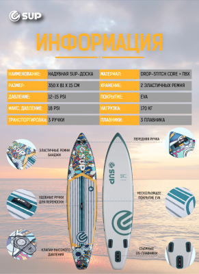 Надувная двухслойная SUP-доска E-SUP MOJITO B 11'6" 350-81-15 см