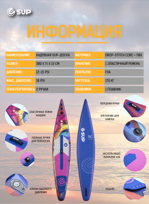 Надувная двухслойная SUP-доска E-SUP ENCOUNTER RAINBOW 12'6" 384-71-15 см